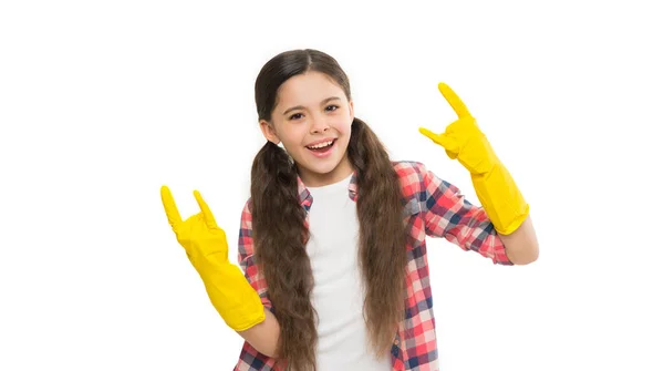Κορίτσι Οικιακή Βοηθός Μικρό Κορίτσι Καθαρίζει Λαστιχένια Γάντια Παιδικό Καθαρό — Φωτογραφία Αρχείου