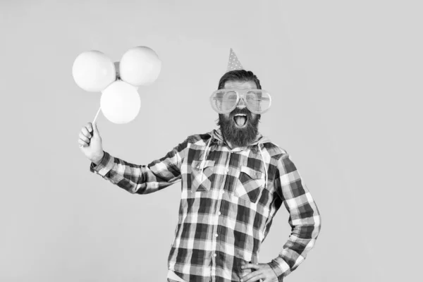 Reifer Typ Karierten Hemd Mit Party Luftballons Stilvolles Männchen Das — Stockfoto