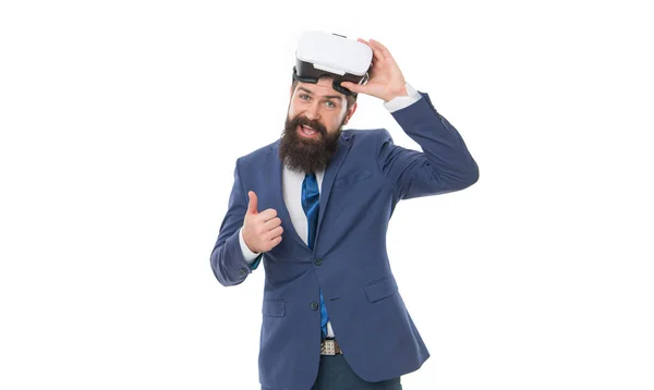 Homem Negócios Óculos Mostrar Polegar Realidade Virtual Óculos Homem Negócios — Fotografia de Stock