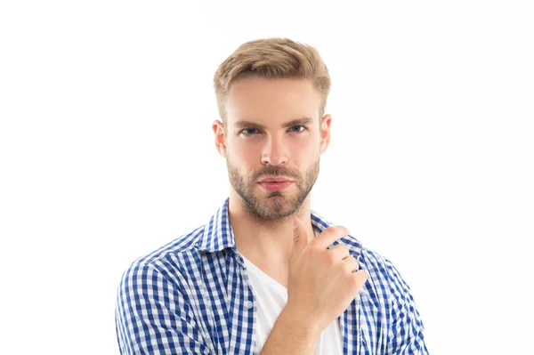 Twarz Nieogolonego Mężczyzny Szarej Koszuli Nieogolony Mężczyzna Pielęgnacji Skóry Studyjne — Zdjęcie stockowe