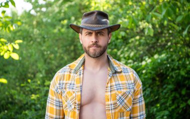 Kovboy şapkalı adam. Kareli gömlekli seksi adam. Batılı adam şapka takıyor.