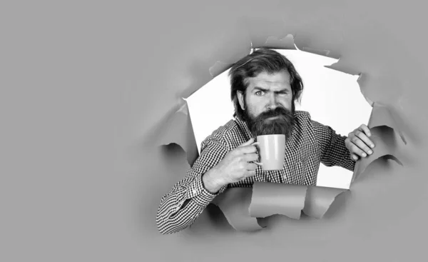 His Breakfast Beverage Bearded Man Drinking Morning Coffee Brutal Caucasian — Stock Photo, Image
