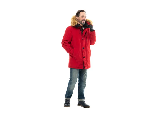 Positieve Man Draagt Warme Winterkleding Studio Een Volwassen Man Rood — Stockfoto