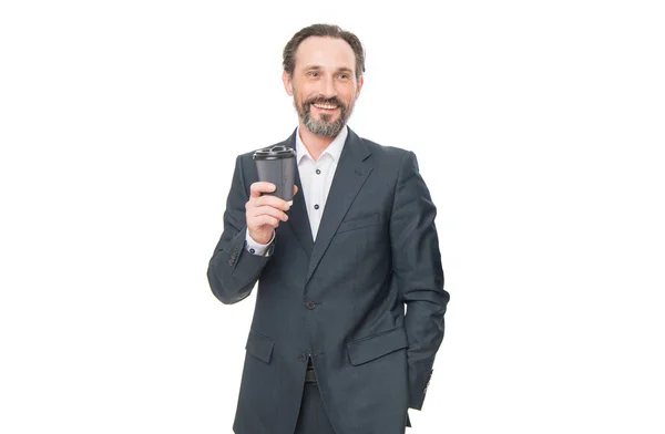 Glücklich Lächelnde Geschäftsmann Geschäftsmann Chef Formalen Business Anzug Kaffee Trinken — Stockfoto