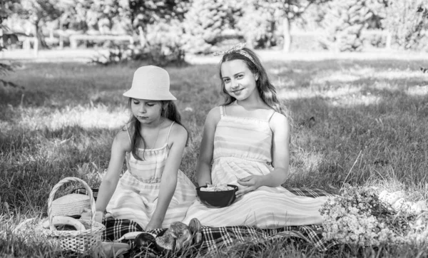 Šťastné Malé Děti Mají Piknikové Jídlo Zelené Trávě Slunné Letní — Stock fotografie