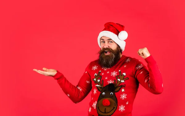 Promover Bienes Vacaciones Invierno Divertido Hipster Con Bigote Suéter Invierno —  Fotos de Stock