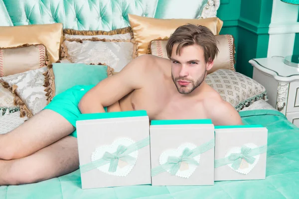 Man Present Boxes Lie Bed Bedroom Boxing Day Concept Valentines — Stock Photo, Image