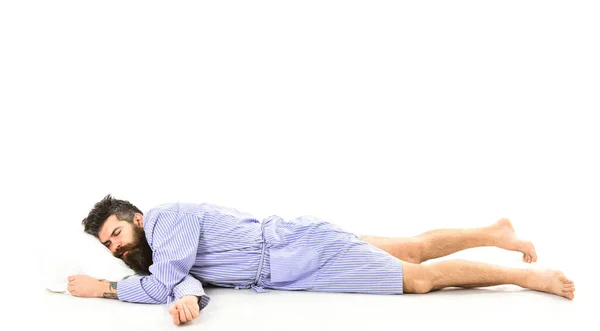 Man Sleepy Face Lies Pillow Fast Asleep Concept Man Beard — Stock Photo, Image