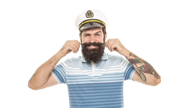 Man Vidám Kapitány Tengerész Kalap Kirándulás Világ Körül Sétahajózás Koncepció — Stock Fotó