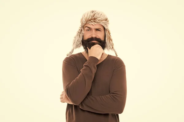 Cara Confiante Com Bigode Usar Chapéu Quente Moda Inverno Masculino — Fotografia de Stock