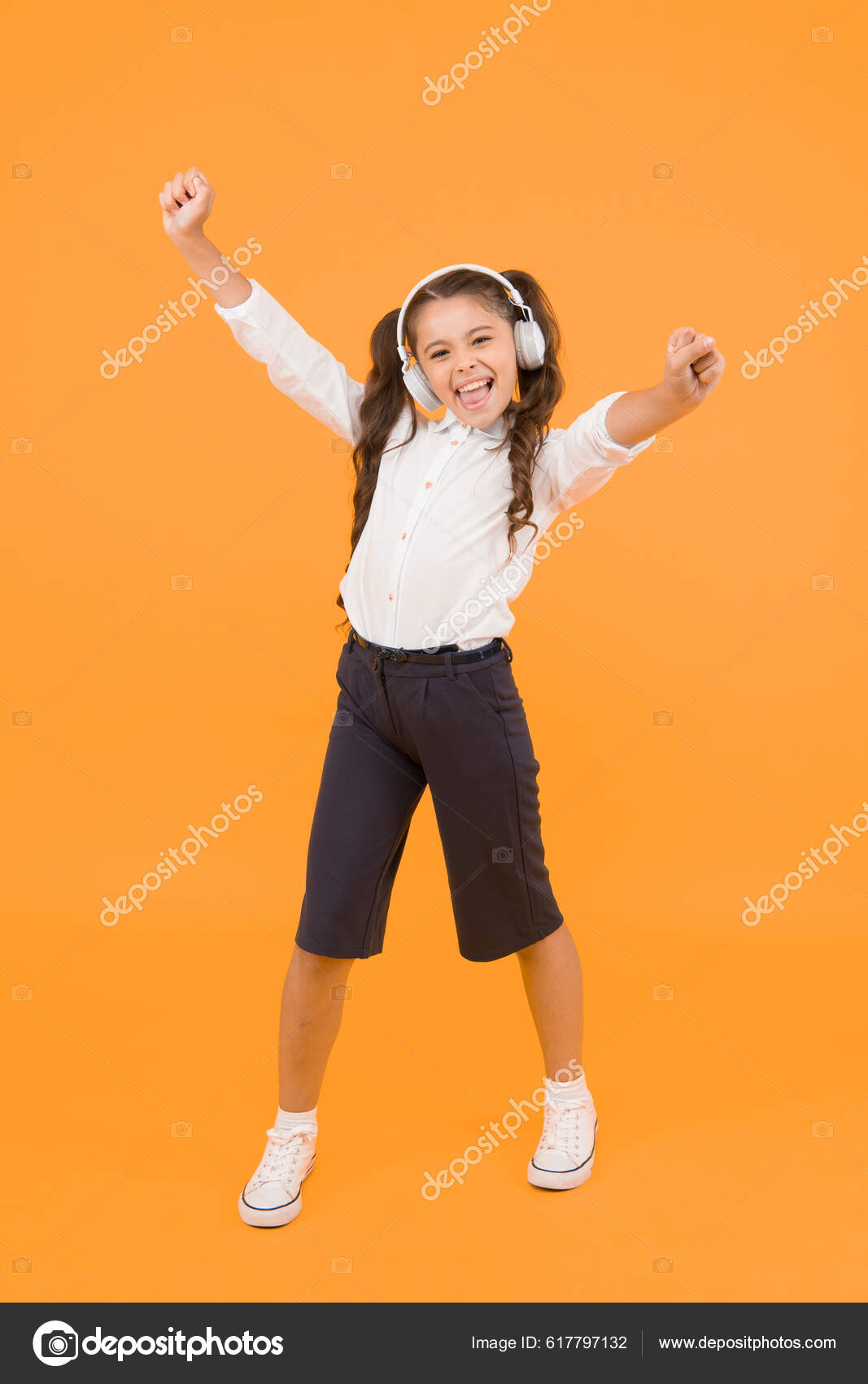 Because Happy Happy Small Girl Listening Music Yellow Background.