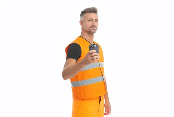 Pozitivní Dodavatel Oranžové Uniformě Dodavatel Pracovní Reflexní Vestě Studiová Fotka — Stock fotografie