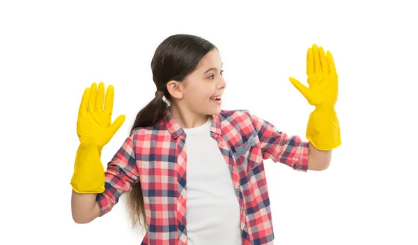 自由な時間は貴重です 妥協のない品質とサービス 家事の仕事だ 掃除用品だ 白い背景をきれいにするための女の子のゴム手袋 子供に清潔さを教えなさい 掃除の日 — ストック写真