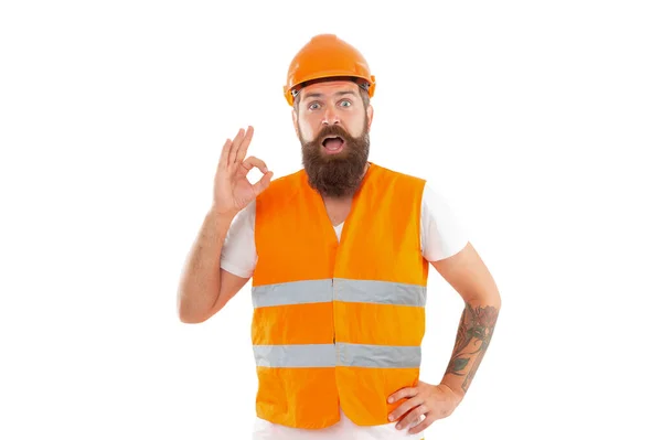 Verbaasde Aannemer Uniform Een Bebaarde Aannemer Oranje Vest Studio Shot — Stockfoto