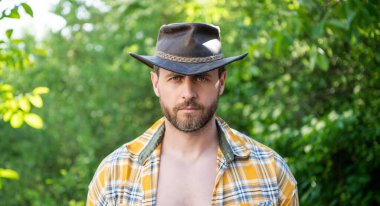 Kovboy şapkalı adam. Kareli gömlekli seksi adam. Batılı adam şapka takıyor.