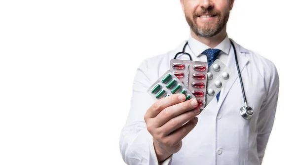 Piller Händerna Läkare Selektivt Fokus Piller Blåsor Med Piller Kopieringsutrymme — Stockfoto