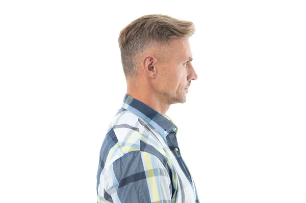 Profile Grizzled Man Checkered Shirt Unshaven Man Skincare Studio Shot — Stock Photo, Image