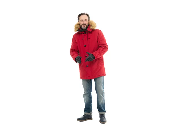 Glimlachende Volwassen Man Winterkleding Geïsoleerd Witte Achtergrond Een Man Die — Stockfoto