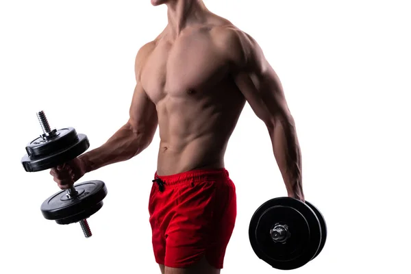 Przycięty Widok Człowieka Zrobić Ćwiczenia Sportowe Dla Biceps Triceps Izolowane — Zdjęcie stockowe