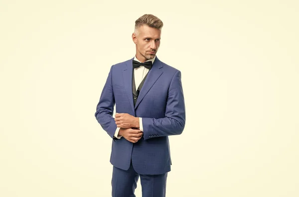 Mature Man Has Graying Hair Bow Tie Blue Suit Businessman — Stock Photo, Image