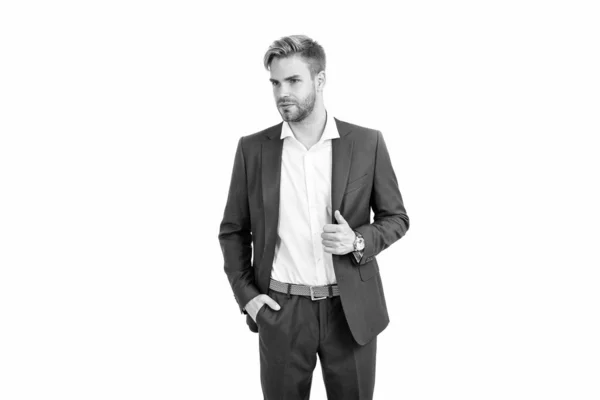 Αυτοπεποίθηση Επιτυχημένος Επιχειρηματίας Επιχειρηματικό Κοστούμι Και Ρολόι Χειρός Απομονώνονται Λευκό — Φωτογραφία Αρχείου