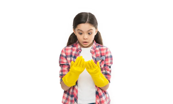 Qualidade Serviço Intransigentes Deveres Limpeza Material Limpeza Luvas Borracha Menina — Fotografia de Stock