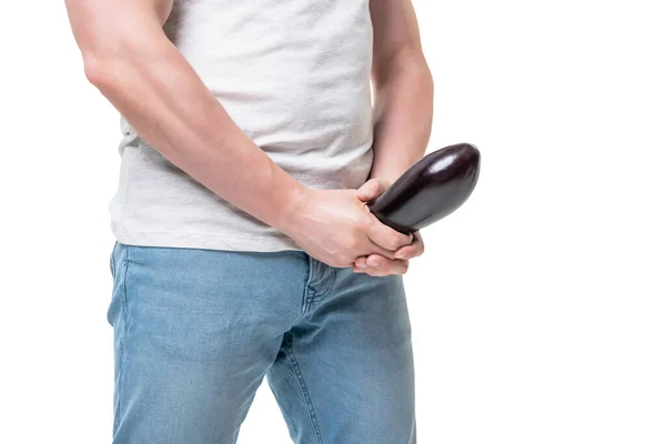 Man Crop View Holding Eggplant Crotch Level Imitating Erect Penis — Stock Photo, Image