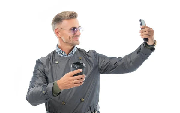 Glücklich Lächelnder Geschäftsmann Geschäftsmann Manager Formalem Mantel Selfie Auf Business — Stockfoto