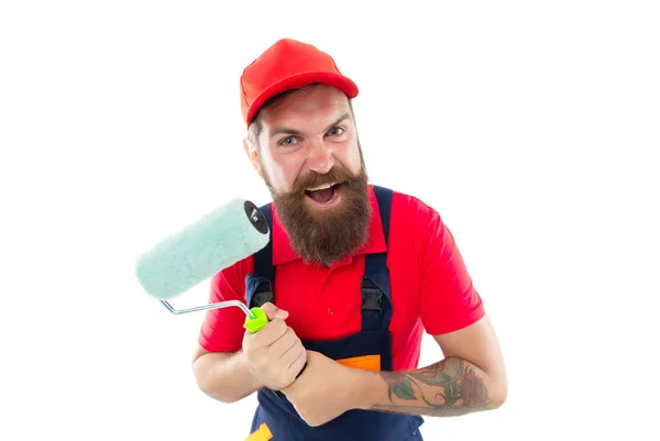 Angry Man Painter Paintroller Uniform Bearded Man Painter Paintroller Studio — Stock Photo, Image