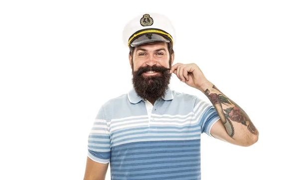 嵐や風と遊ぶために生まれました 海のキャプテン白に隔離された 幸せな船長のツイルの口ひげ 船の船長だ 船長の制服を着た髭の男 世界巡航 海の冒険だ 海の旅 — ストック写真