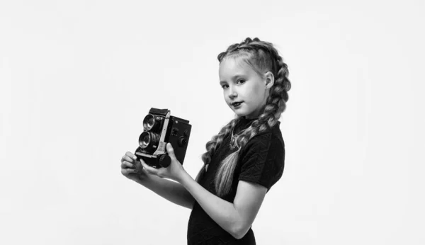 Pretty Teen Girl Pigtails Hold Vintage Photo Camera Isolated White — Stock Photo, Image