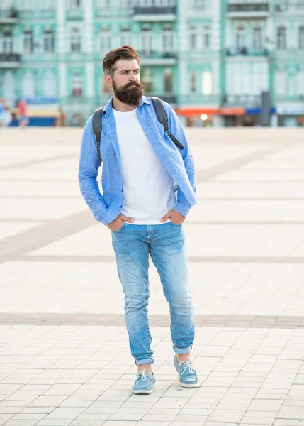 Bearded Man Walk Full Length Man Beard Brutal Casual Man — Stock Photo, Image