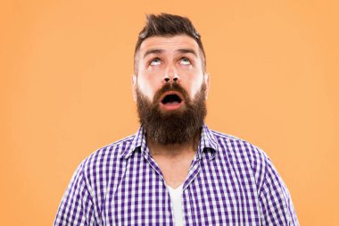 Hipster yaşam tarzı. Kalın sakallı saçları yukarı bakan sürpriz hipster. Acımasız hipster adam sarı bckground üzerinde sürpriz ile ağız açık tutmak. Trendy hipster tarzında sakallı adam.