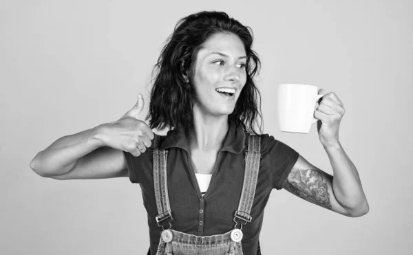 Best Taste Ever Cheerful Woman Drink Coffee Girl Brunette Hair — Stock Photo, Image