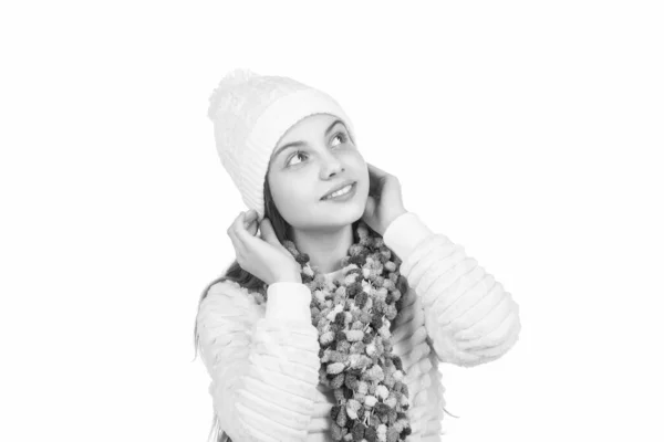 Happy Kid Knitted Hat Scarf Warm Clothes Isolated White Knitwear — Stock Photo, Image