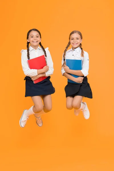 Cheerful School Girls Back School Point Out Positive Aspects Starting — Stock Photo, Image