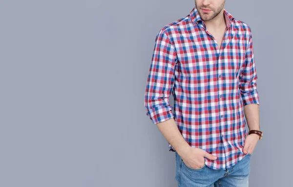 Vista Cortada Homem Que Tem Restolho Homem Camisa Xadrez Isolado — Fotografia de Stock
