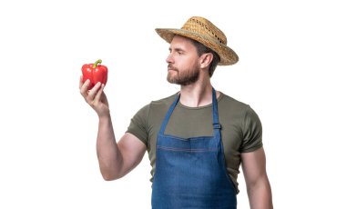 Önlüklü ve şapkalı bir adam, beyaz üzerine izole edilmiş yeşil biberli..