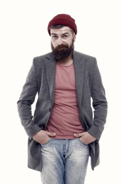 Son moda bu. Moda modasına uygun olarak sonbahar ceketi ve sıradan bir şapka giyen modacı. Bıyıklı ve uzun sakallı vahşi beyaz hippi. Hippi tarzı sakallı adam..
