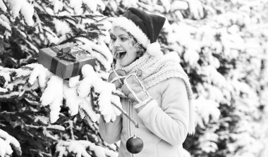 Vay canına, neşeli ol. Mutlu kadının elinde Noel hediyesi kutusu var. Noel ağacı süslemeli kız. Bayan Kırmızı Noel Baba şapkası kürk ağacında. Kış alışveriş mutluluğu. Açık hava mükemmel bir ruh halidir. satış ve indirim.