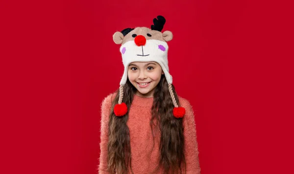 Positive Teen Girl Wear Sweater Winter Fashion Hat Studio Winter — Stock Photo, Image