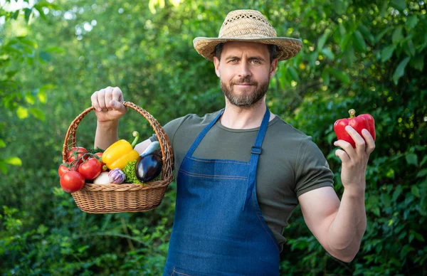 Człowiek Słomkowym Kapeluszu Trzymać Koszyk Pełen Warzyw Spożywczych — Zdjęcie stockowe