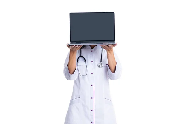 Conceito Médico Line Médico Line Com Laptop Isolado Fundo Branco — Fotografia de Stock