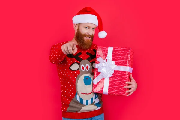 Šťastný Muž Novoroční Přítomností Novoroční Prodej Santa Muž Držet Nový — Stock fotografie