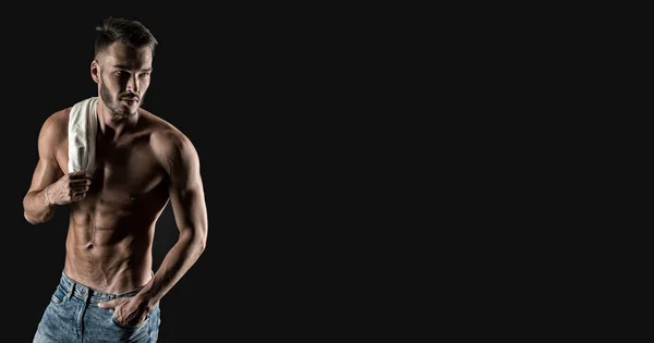 Estúdio Tiro Homem Musculoso Seis Alcateias Tronco Banner Com Homem — Fotografia de Stock