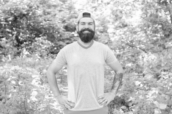 Mature Bearded Man Beard Moustache Summer Shirt Cap Forest Active — Stock Photo, Image