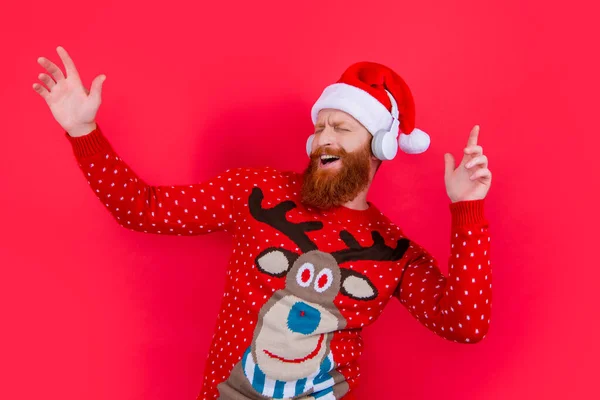 Positive Bearded Man Celebrate Christmas Music Man Headphones Listen Christmas — Stock Photo, Image