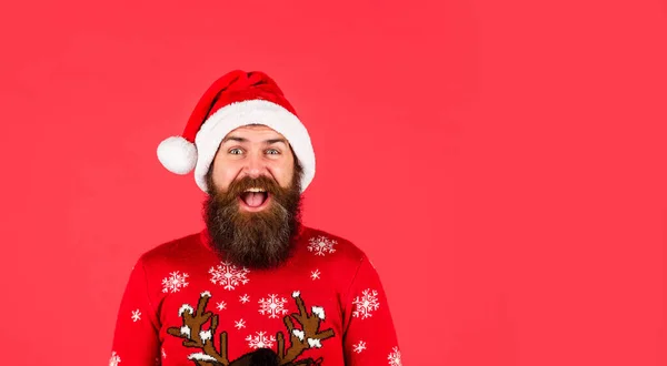 Brutal Hipster Favorite Winter Sweater Red Background Santa Man Choose — Stock Photo, Image