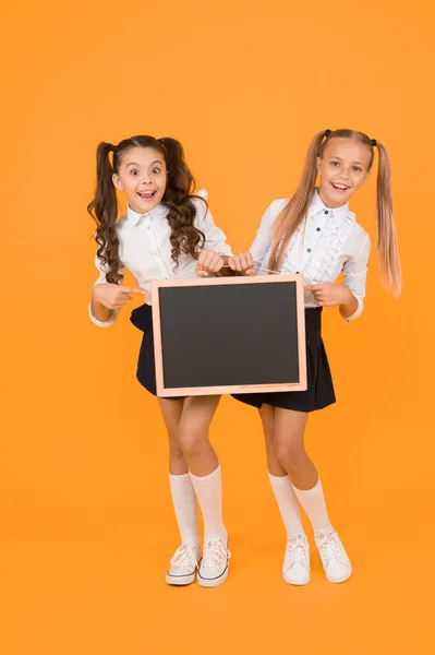 Visual Communication Girls School Uniform Hold Blackboard Back School Concept — Stock Photo, Image