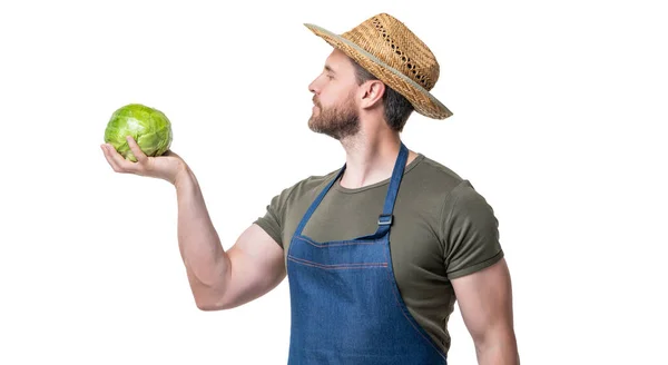 Muž Zástěře Klobouk Zelím Zelenina Izolované Bílém — Stock fotografie